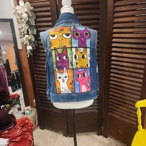 Amethyst Jeans Multicolor Cat Art Denim Vest